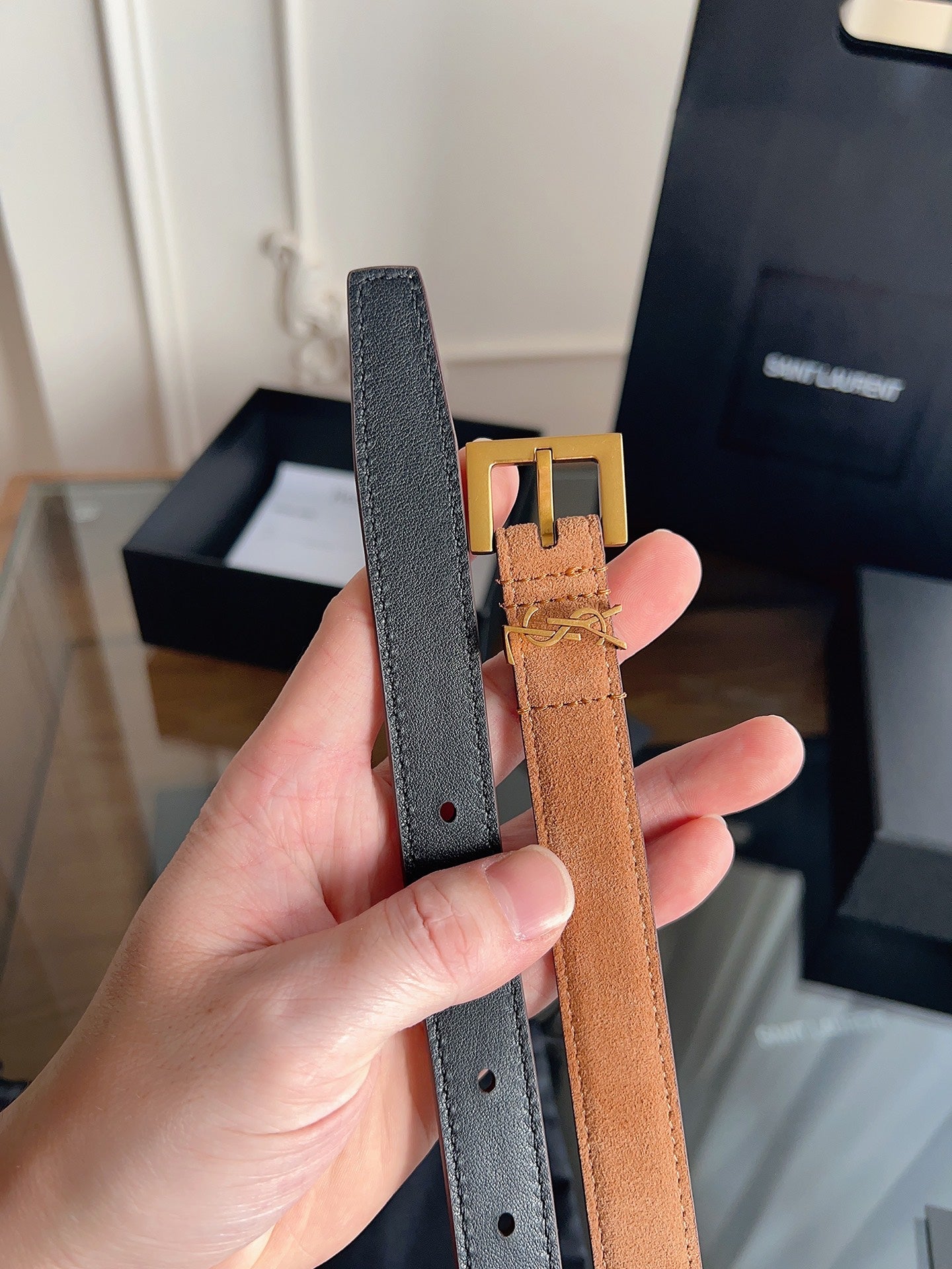 YSL 25S BELT 20 MM IN CARAMEL BROWN SUEDE 616310