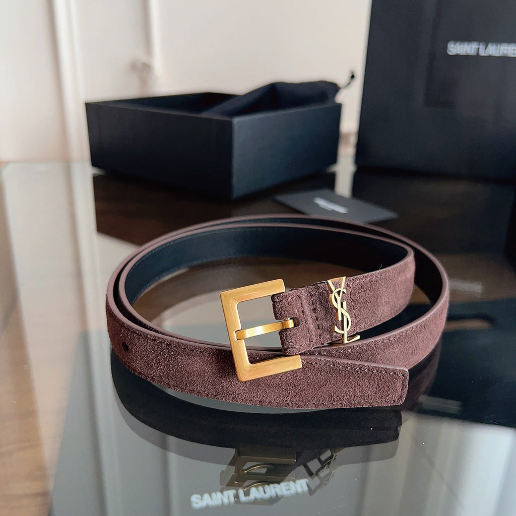 YSL 25S BELT 20 MM IN ASH BROWN SUEDE WITH GOLD HARDWARE 616311