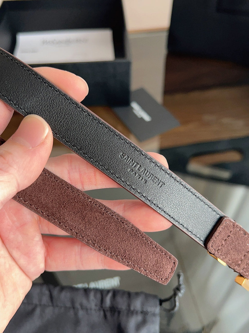 YSL 25S BELT 20 MM IN ASH BROWN SUEDE WITH GOLD HARDWARE 616311