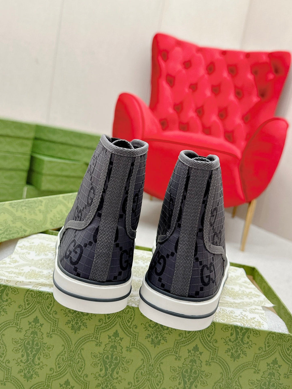 GUCCI 26S HIGH TOP SNEAKERS IN DARK GREY GG MONOGRAM CANVAS