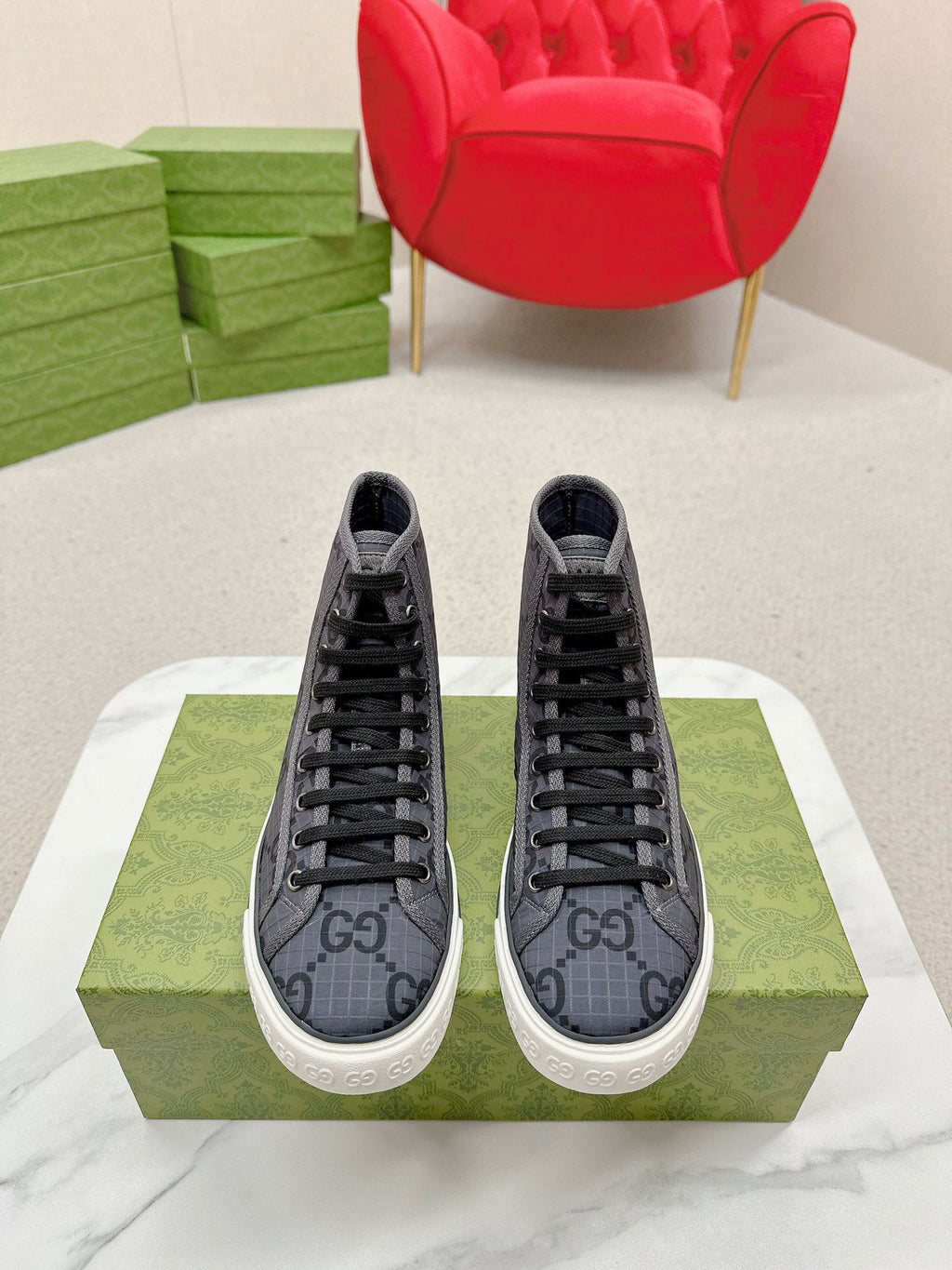 GUCCI 26S HIGH TOP SNEAKERS IN DARK GREY GG MONOGRAM CANVAS