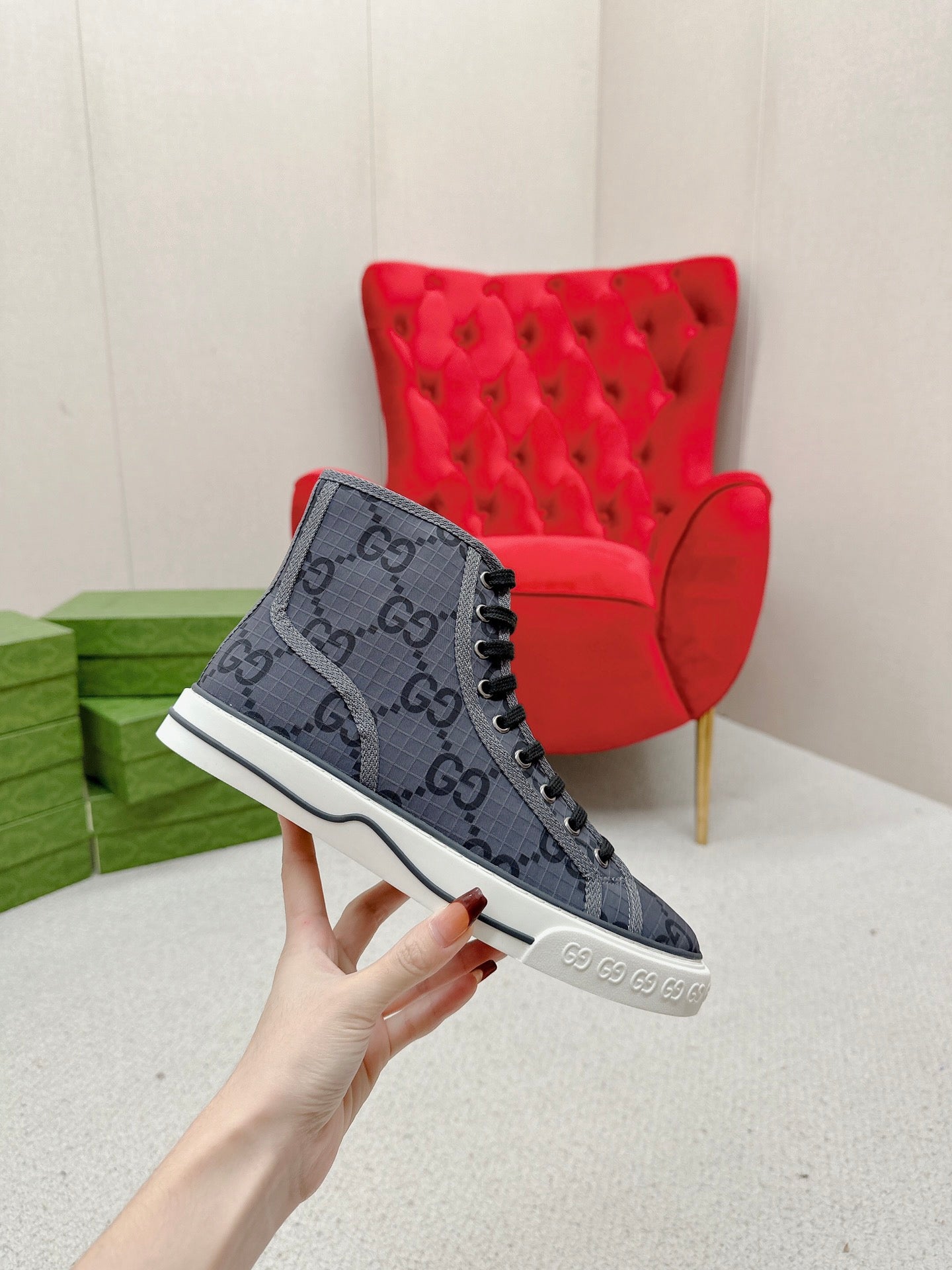 GUCCI 26S HIGH TOP SNEAKERS IN DARK GREY GG MONOGRAM CANVAS