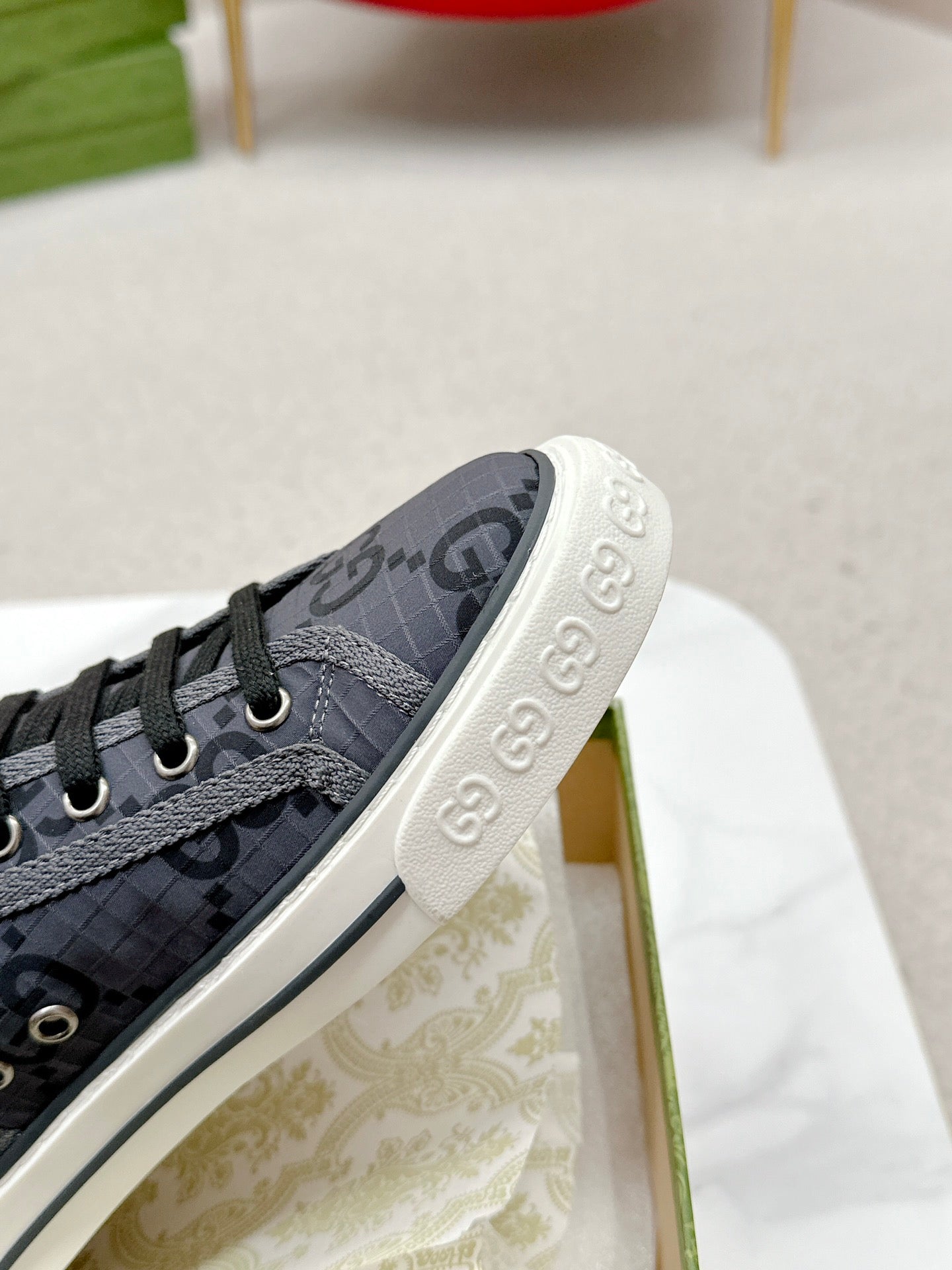 GUCCI 26S HIGH TOP SNEAKERS IN DARK GREY GG MONOGRAM CANVAS