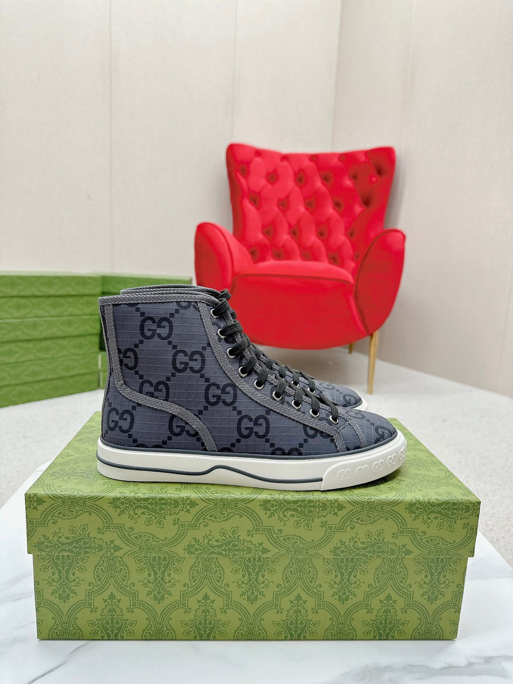 GUCCI 26S HIGH TOP SNEAKERS IN DARK GREY GG MONOGRAM CANVAS