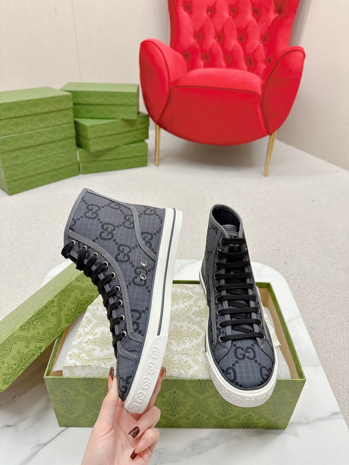 GUCCI 26S HIGH TOP SNEAKERS IN DARK GREY GG MONOGRAM CANVAS