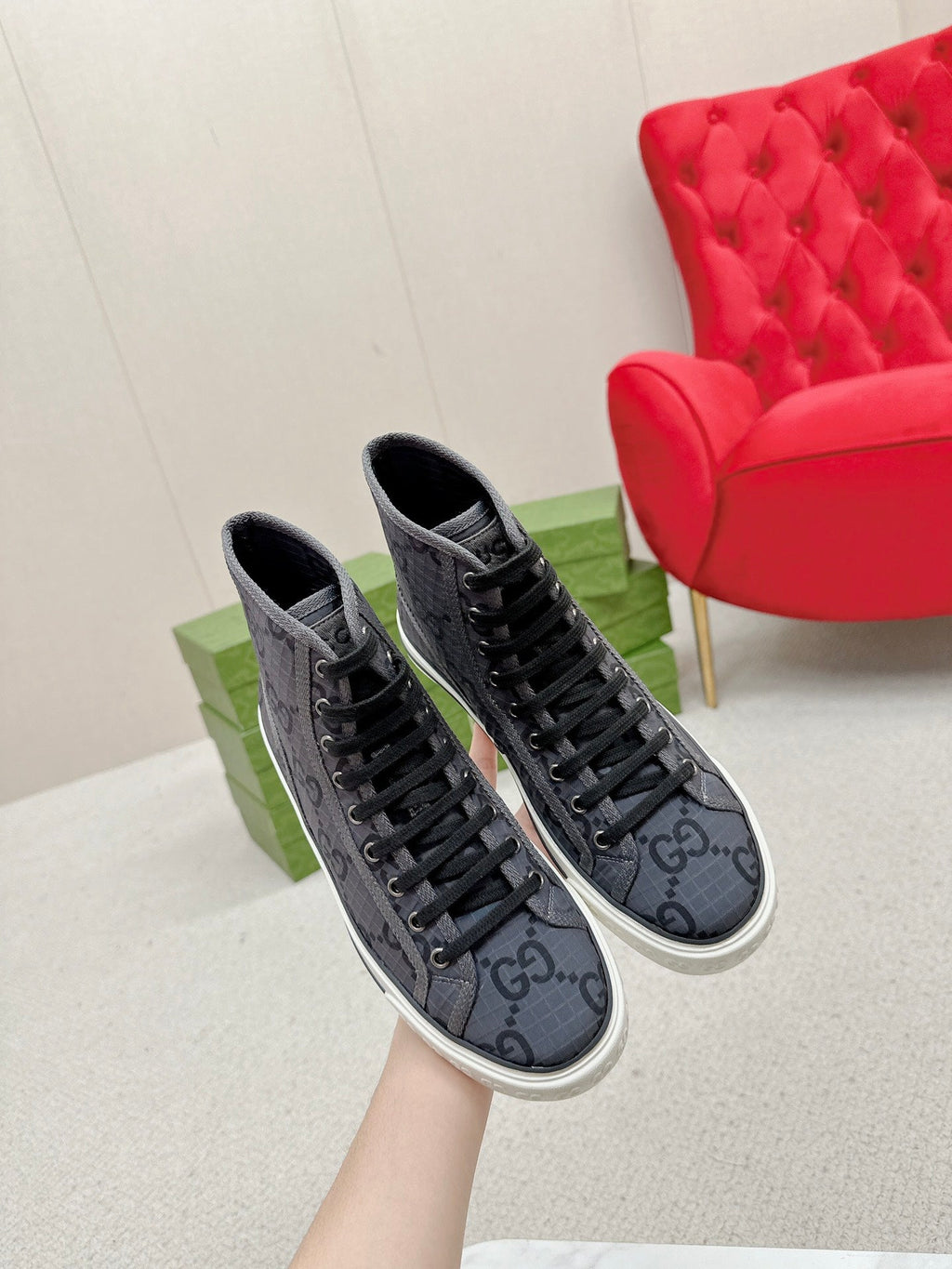 GUCCI 26S HIGH TOP SNEAKERS IN DARK GREY GG MONOGRAM CANVAS