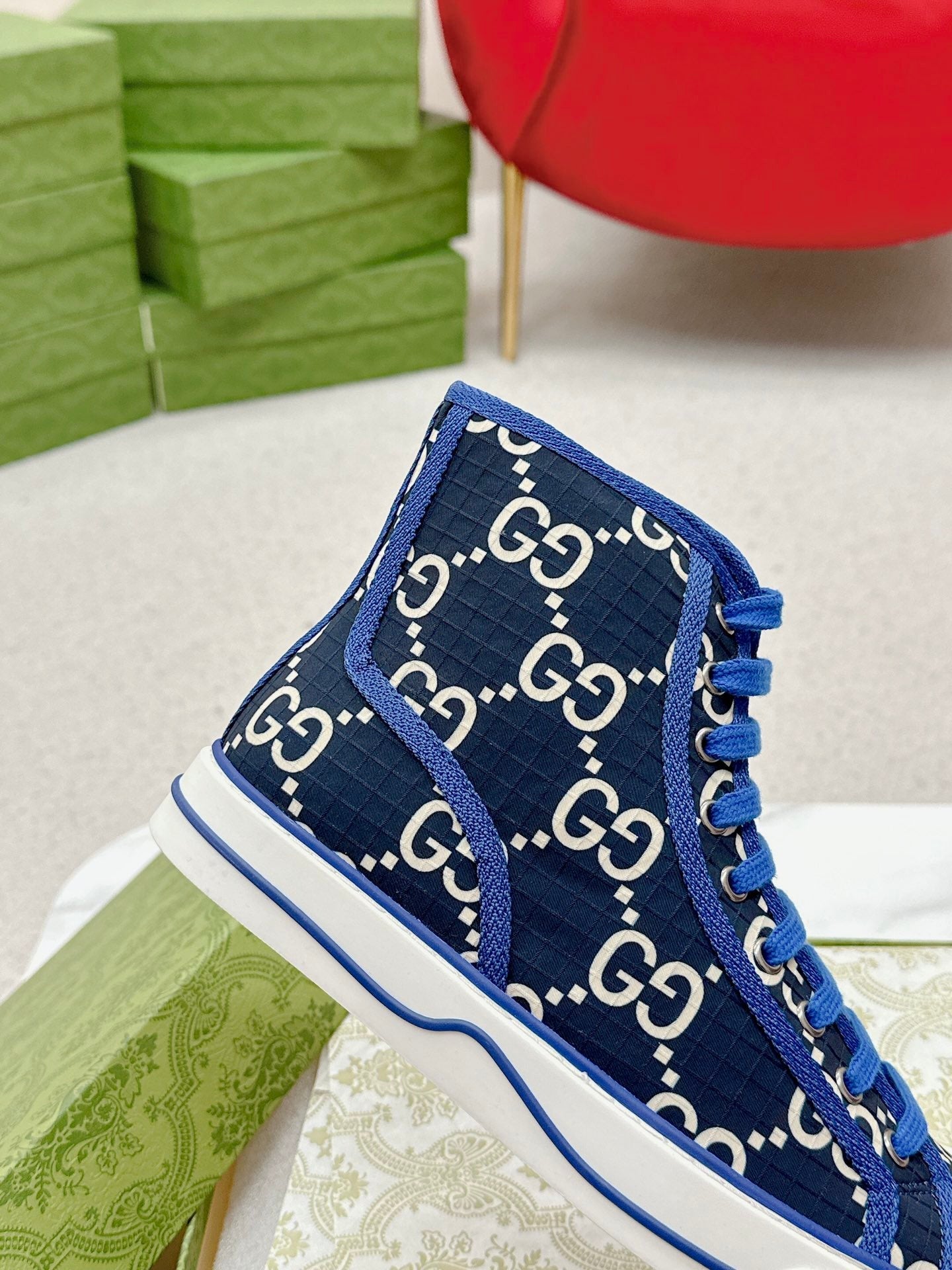 GUCCI 26S HIGH TOP SNEAKERS IN BLACK BLUE GG MONOGRAM CANVAS