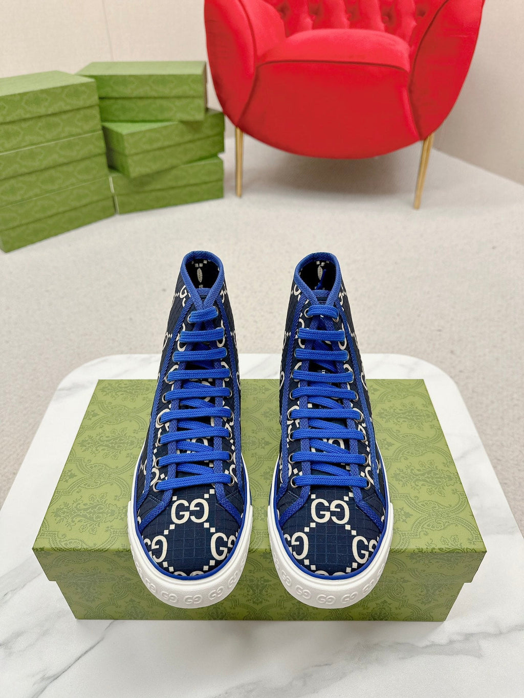 GUCCI 26S HIGH TOP SNEAKERS IN BLACK BLUE GG MONOGRAM CANVAS
