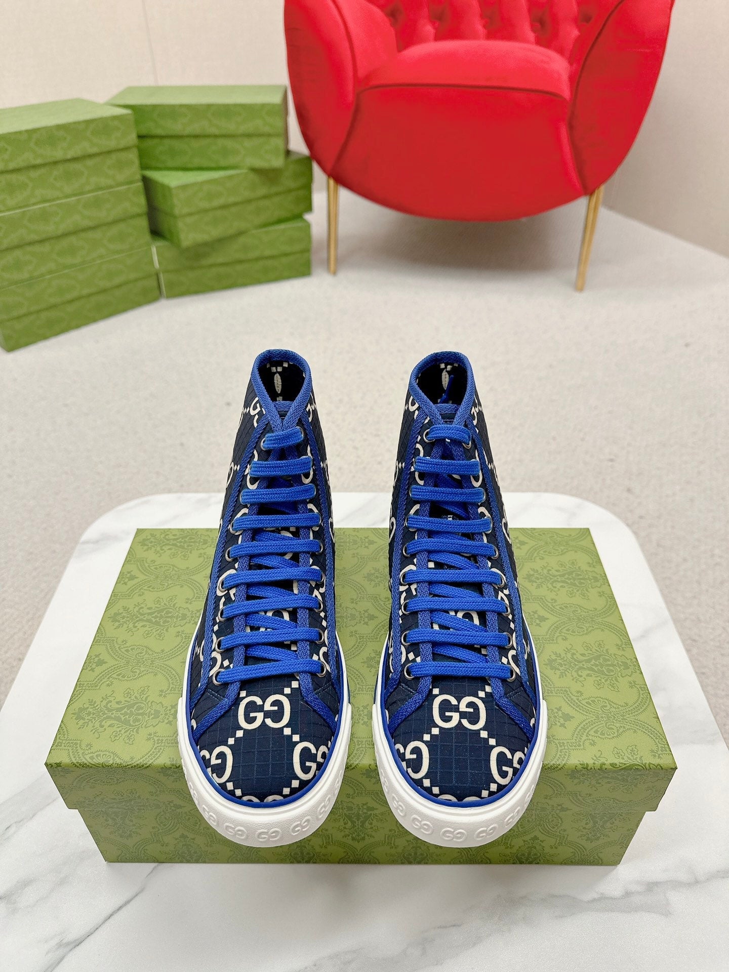 GUCCI 26S HIGH TOP SNEAKERS IN BLACK BLUE GG MONOGRAM CANVAS