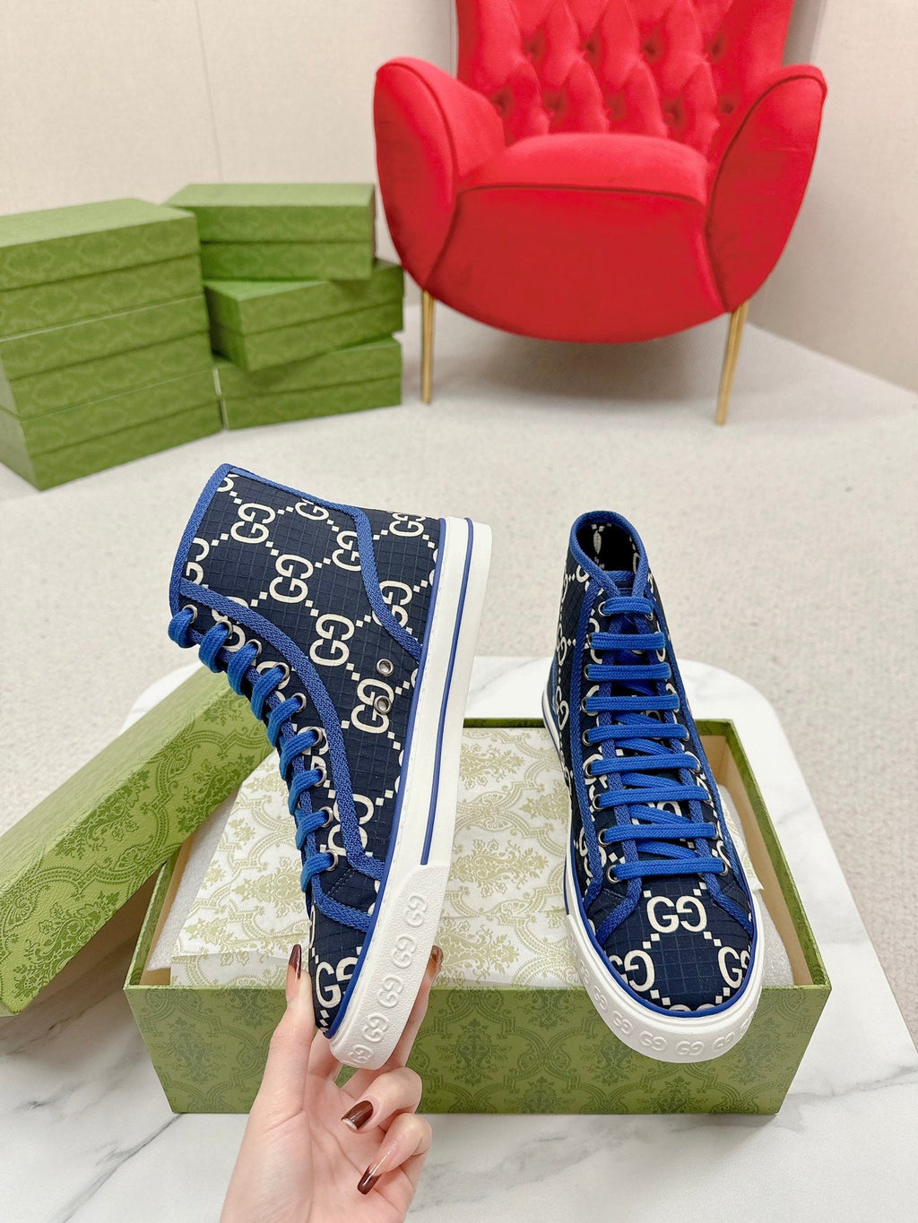 GUCCI 26S HIGH TOP SNEAKERS IN BLACK BLUE GG MONOGRAM CANVAS