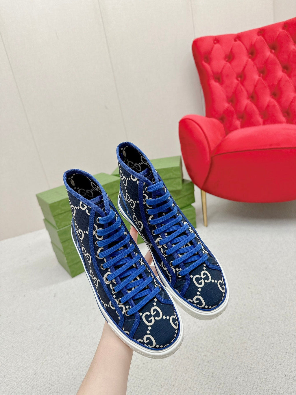 GUCCI 26S HIGH TOP SNEAKERS IN BLACK BLUE GG MONOGRAM CANVAS