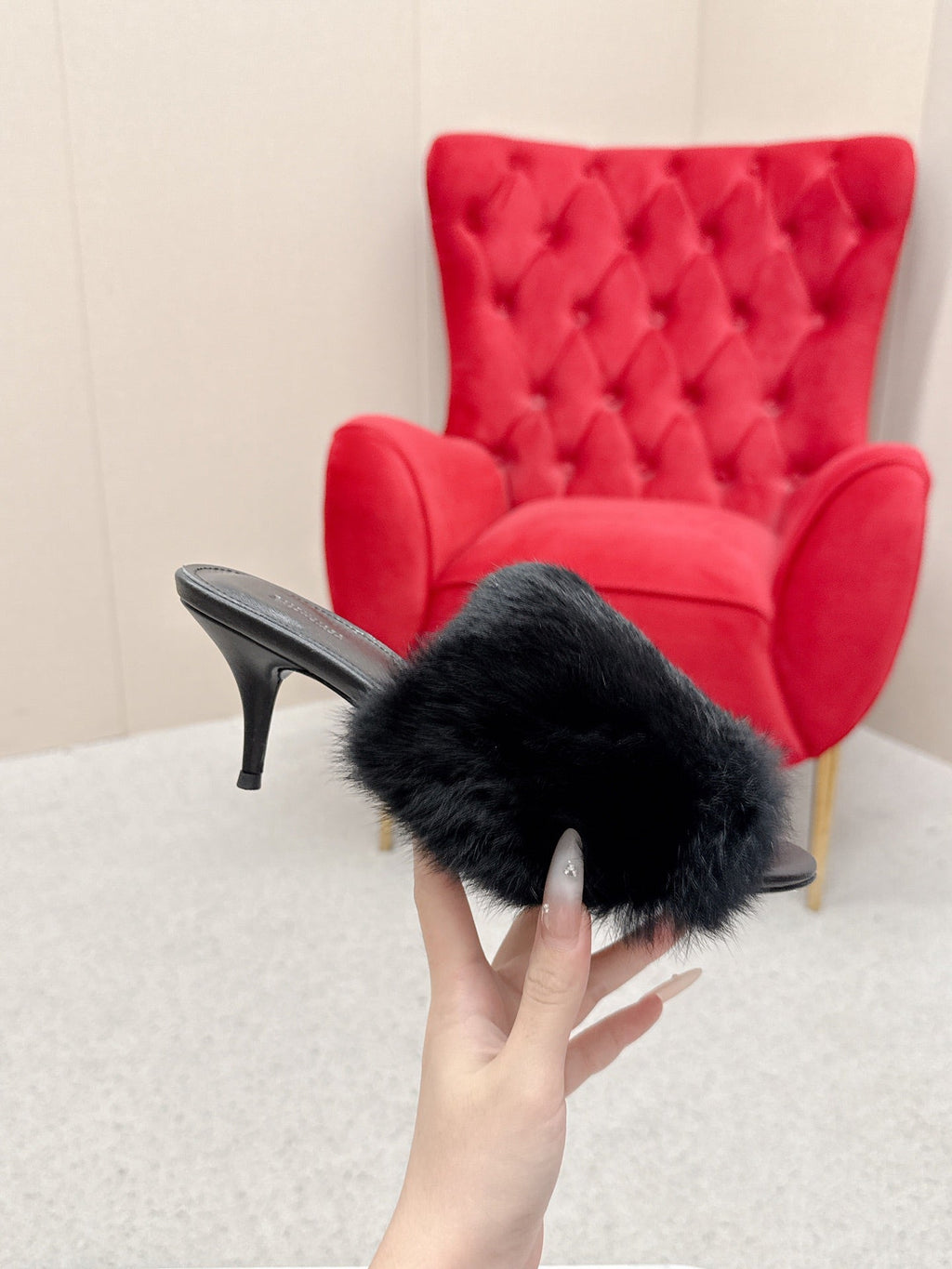 BALENCIAGA 25S HIGH HEEL SANDALS 65 MM IN BLACK LAMBSKIN AND FUR