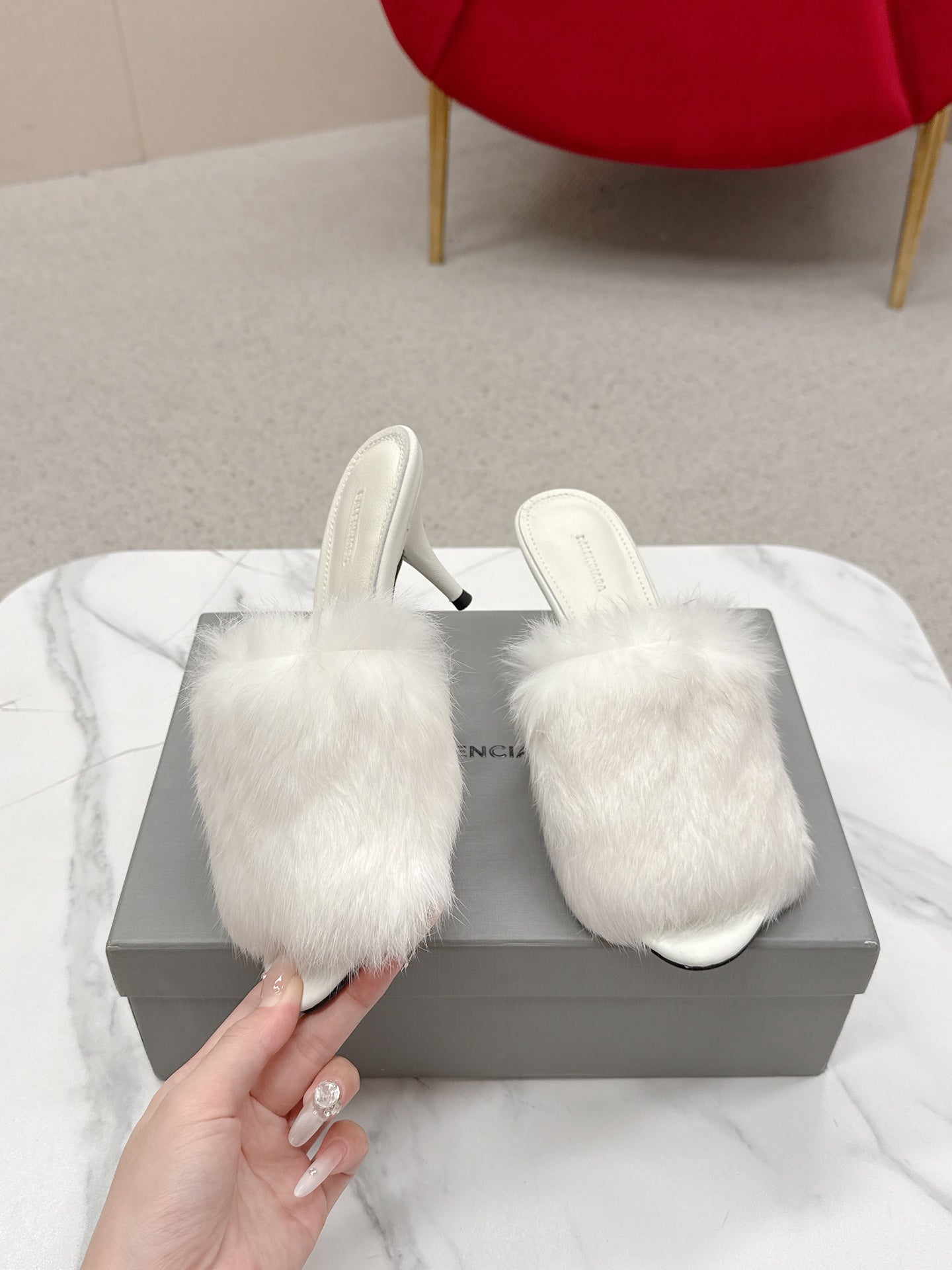 BALENCIAGA 25S HIGH HEEL SANDALS 65 MM IN WHITE LAMBSKIN AND FUR