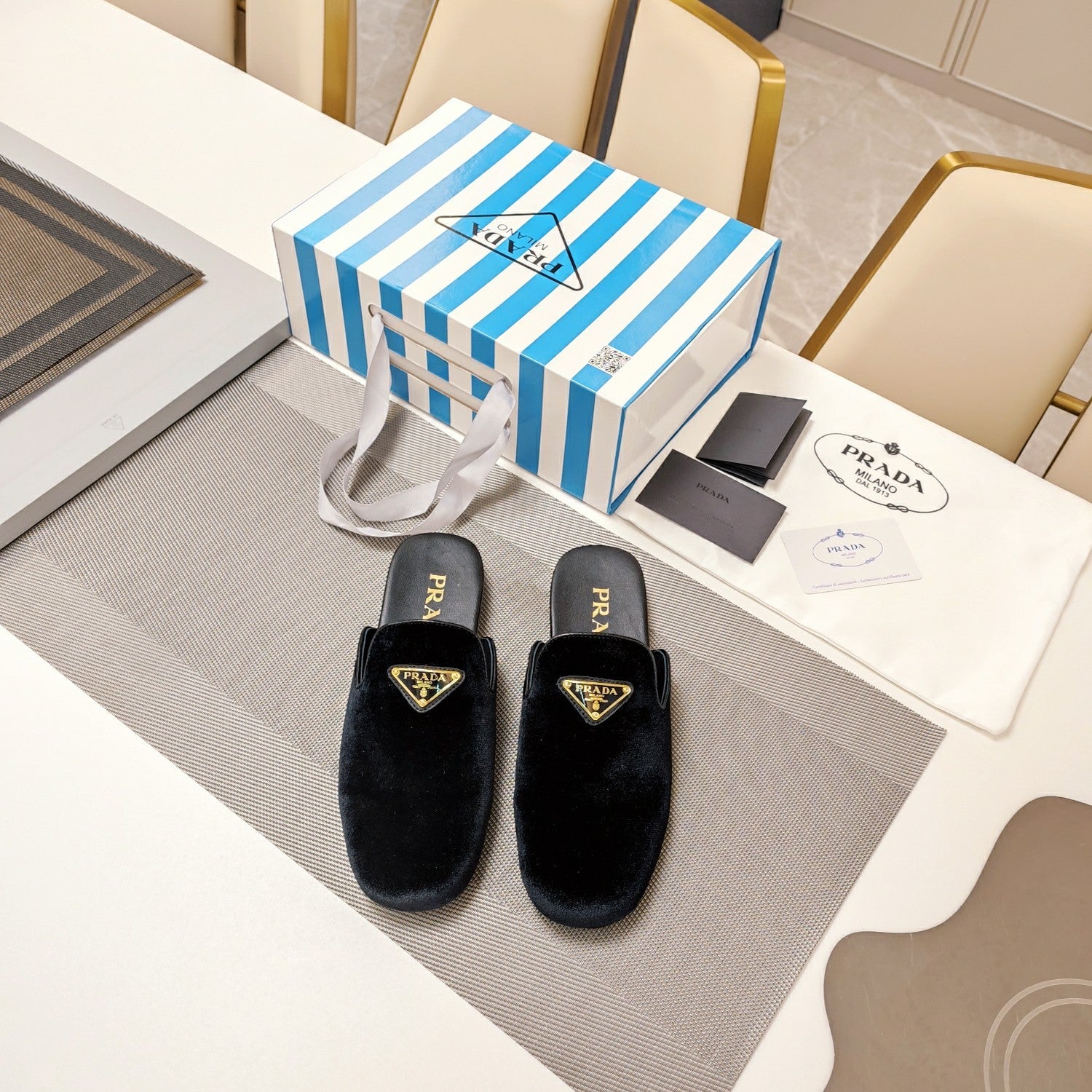 PRADA 26S SQUARE TOE SLIPPERS IN BLACK VELVET