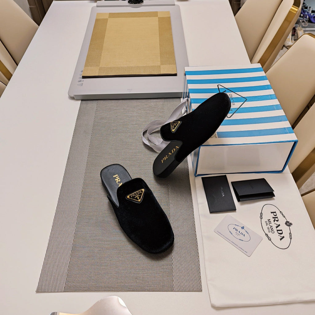 PRADA 26S SQUARE TOE SLIPPERS IN BLACK VELVET