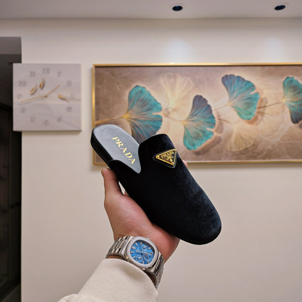 PRADA 26S SQUARE TOE SLIPPERS IN BLACK VELVET