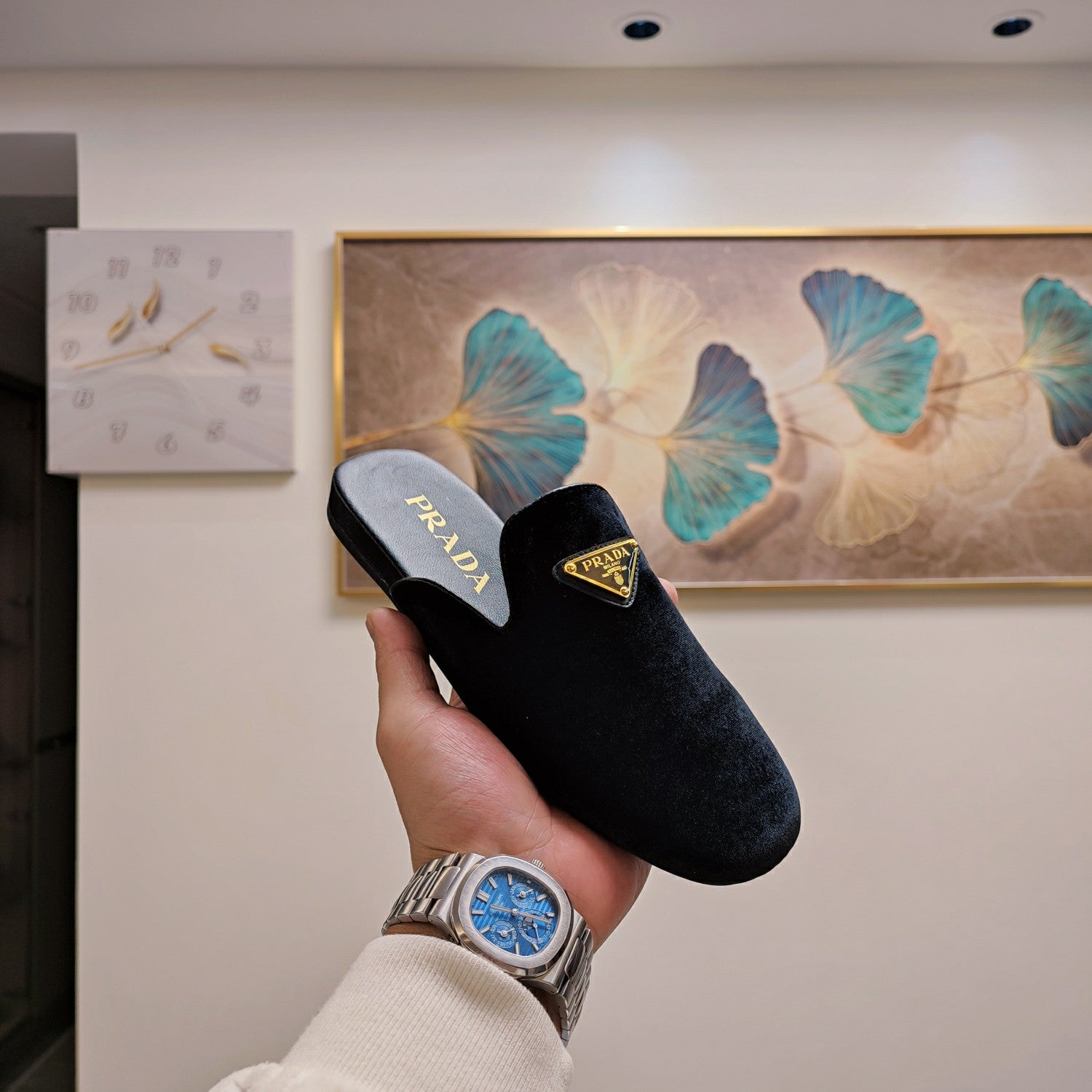 PRADA 26S SQUARE TOE SLIPPERS IN BLACK VELVET