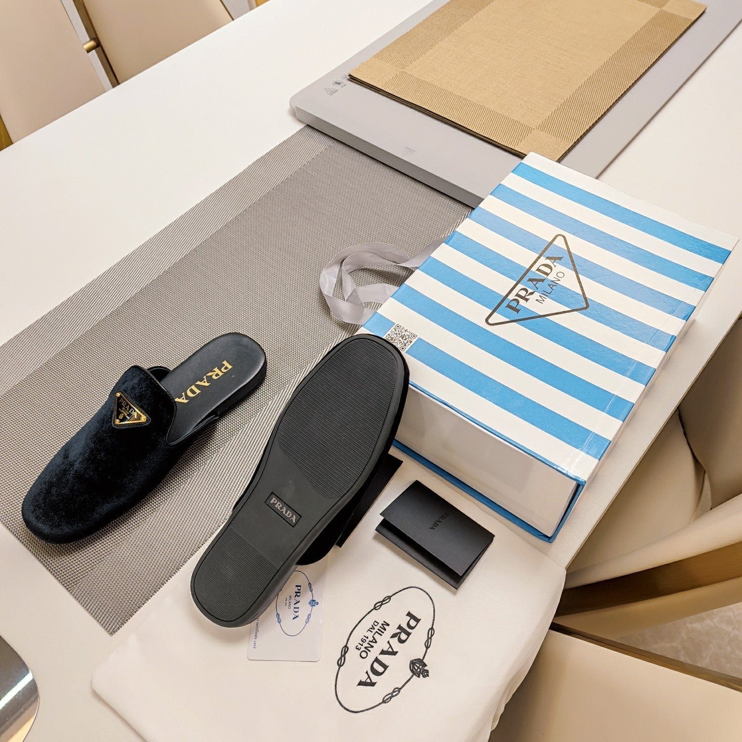PRADA 26S SQUARE TOE SLIPPERS IN BLACK VELVET