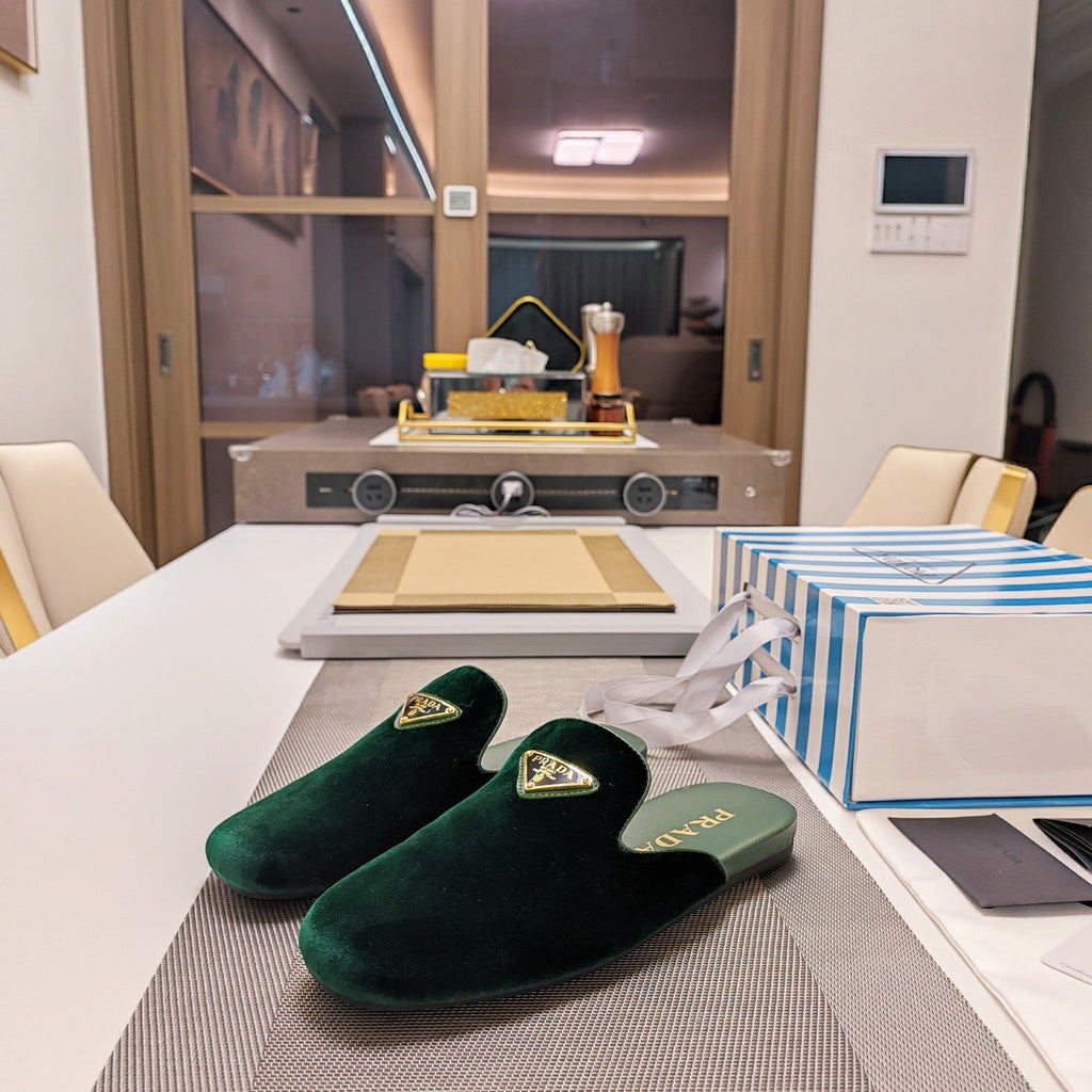 PRADA 26S SQUARE TOE SLIPPERS IN DARK GREEN VELVET