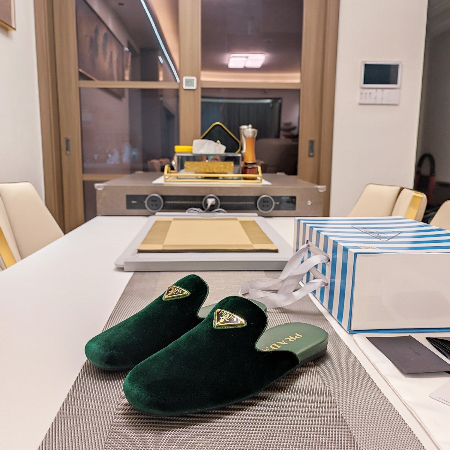 PRADA 26S SQUARE TOE SLIPPERS IN DARK GREEN VELVET