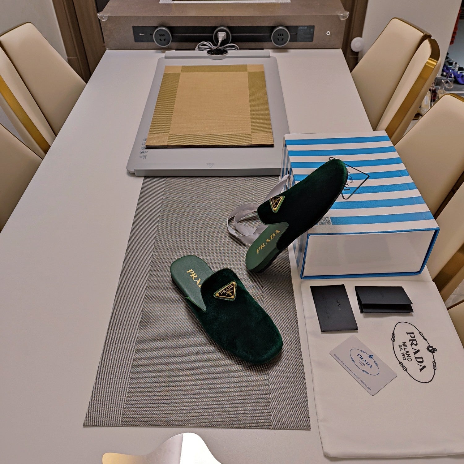 PRADA 26S SQUARE TOE SLIPPERS IN DARK GREEN VELVET