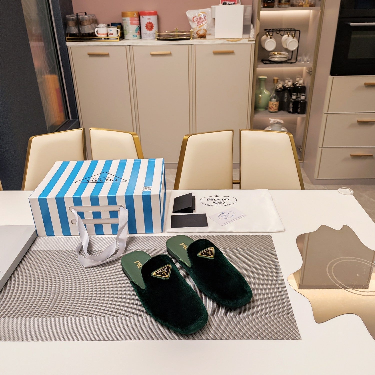PRADA 26S SQUARE TOE SLIPPERS IN DARK GREEN VELVET