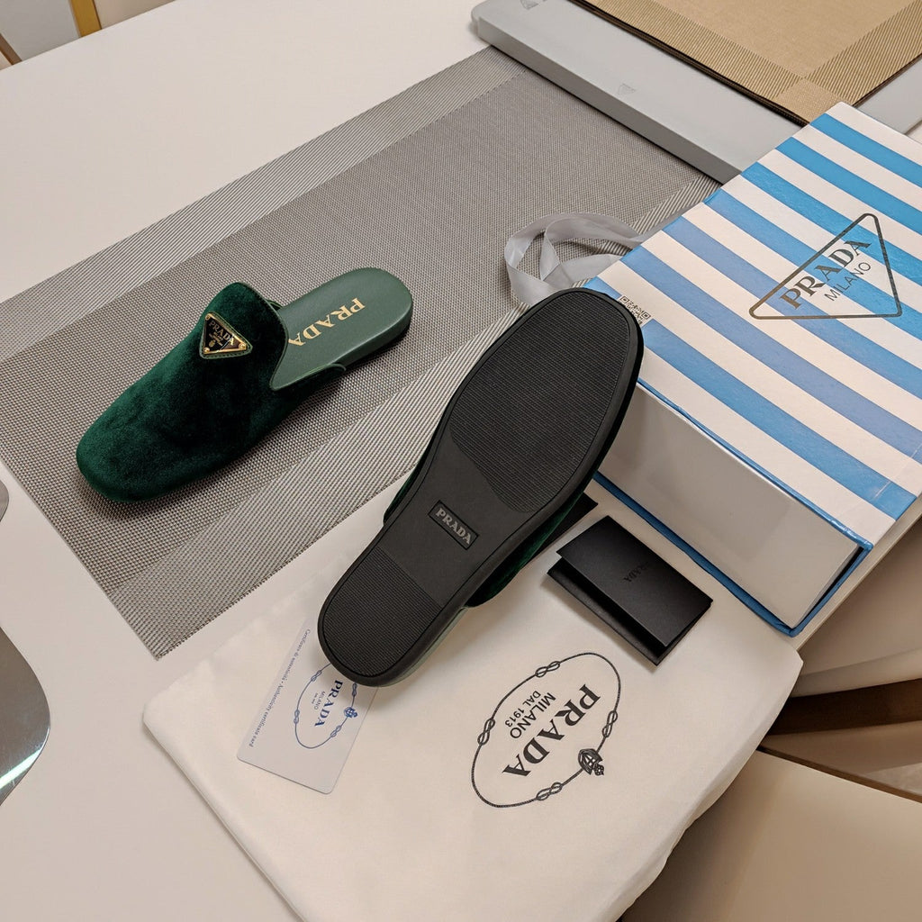 PRADA 26S SQUARE TOE SLIPPERS IN DARK GREEN VELVET