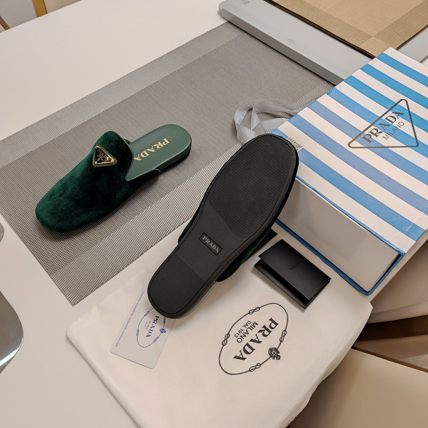 PRADA 26S SQUARE TOE SLIPPERS IN DARK GREEN VELVET