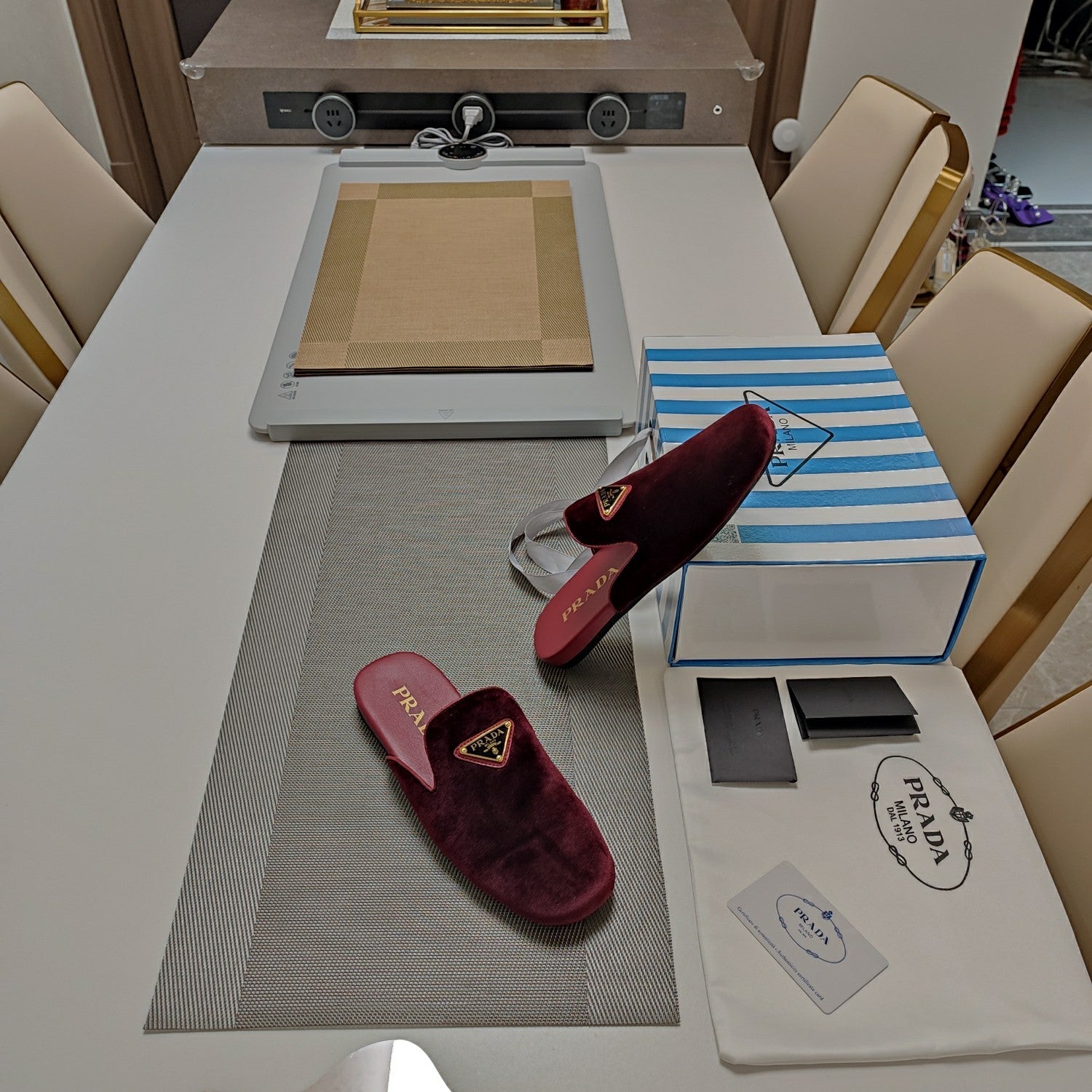PRADA 26S SQUARE TOE SLIPPERS IN BURGUNDY RED VELVET