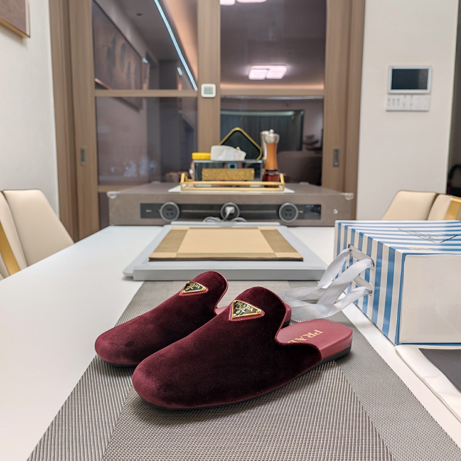 PRADA 26S SQUARE TOE SLIPPERS IN BURGUNDY RED VELVET