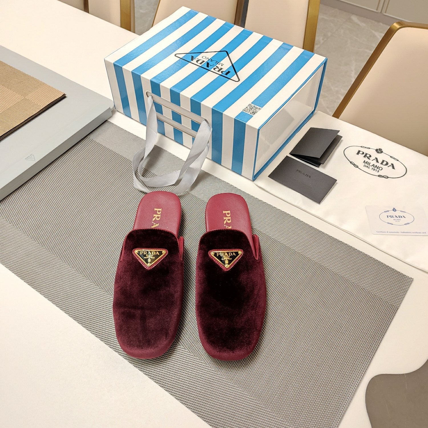 PRADA 26S SQUARE TOE SLIPPERS IN BURGUNDY RED VELVET