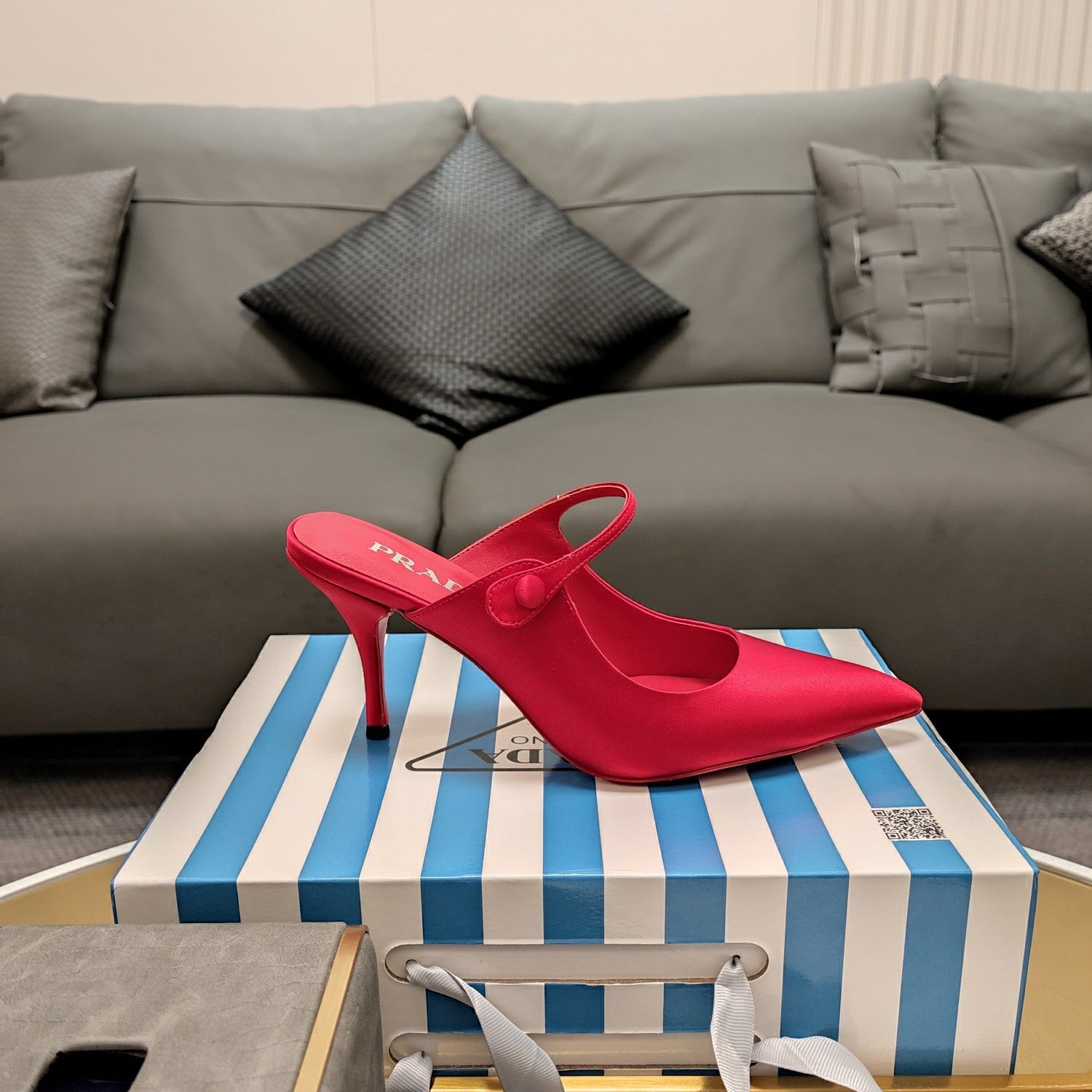 PRADA 26S HIGH-HEELED MULES 85MM IN DARK RED SATIN