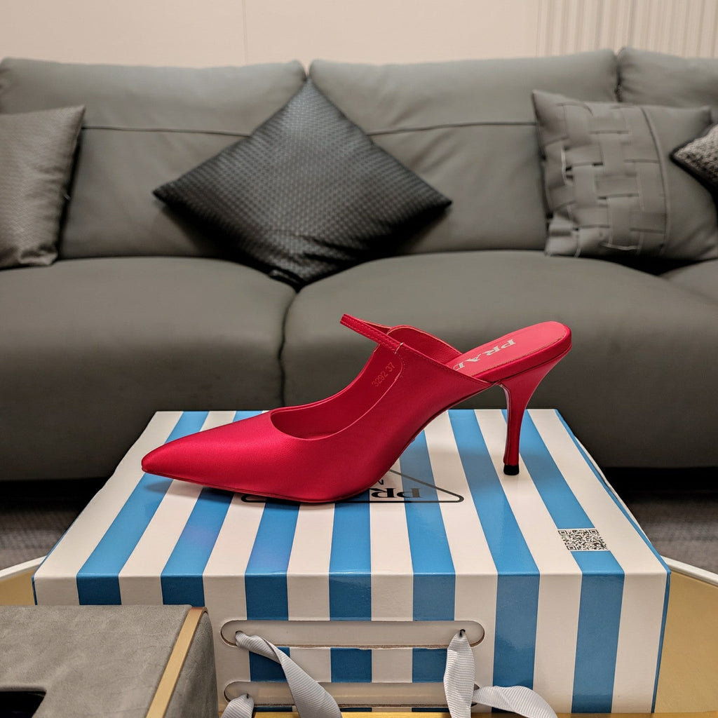 PRADA 26S HIGH-HEELED MULES 85MM IN DARK RED SATIN