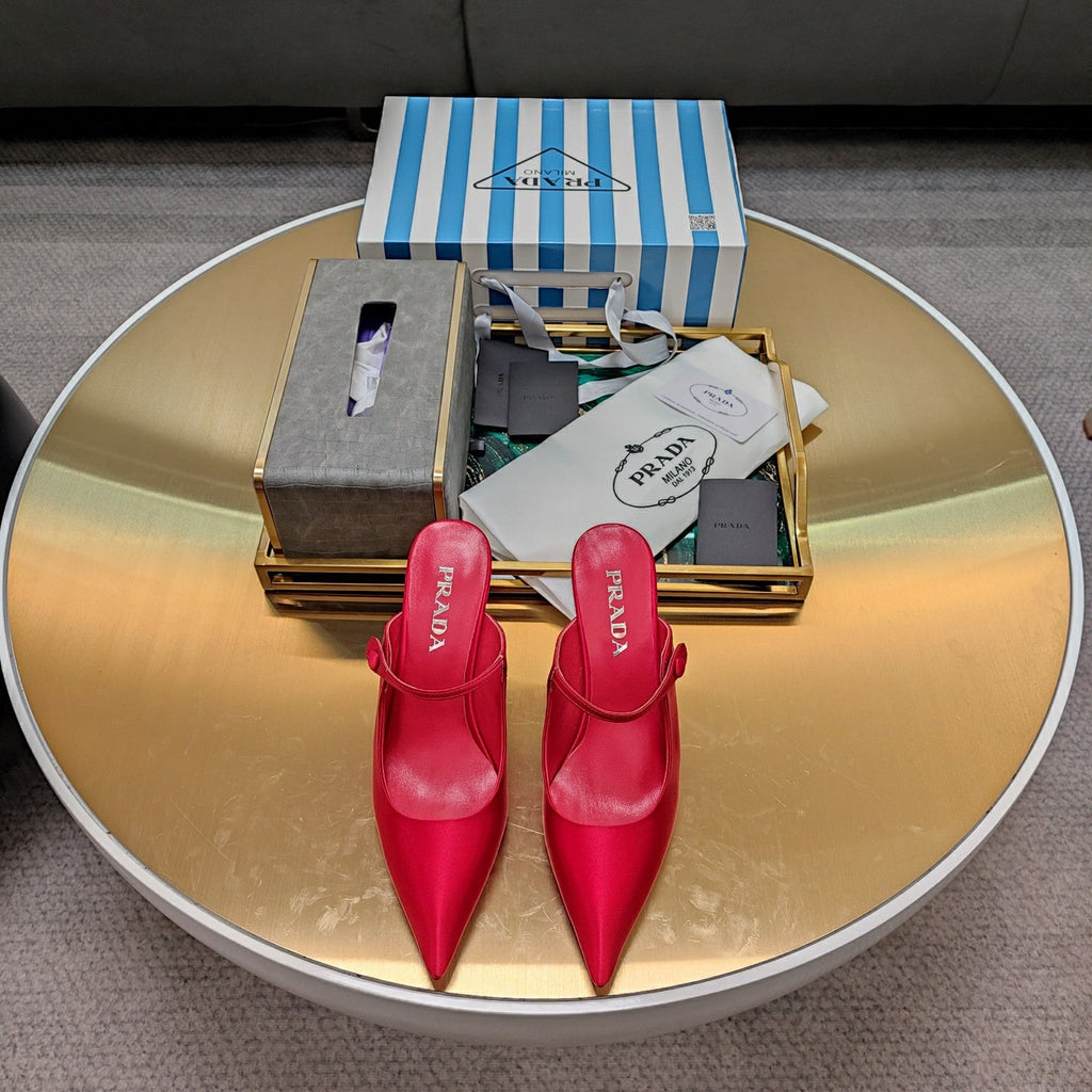 PRADA 26S HIGH-HEELED MULES 85MM IN DARK RED SATIN