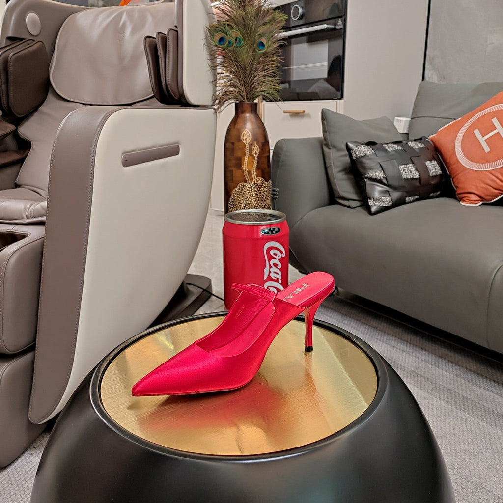 PRADA 26S HIGH-HEELED MULES 85MM IN DARK RED SATIN