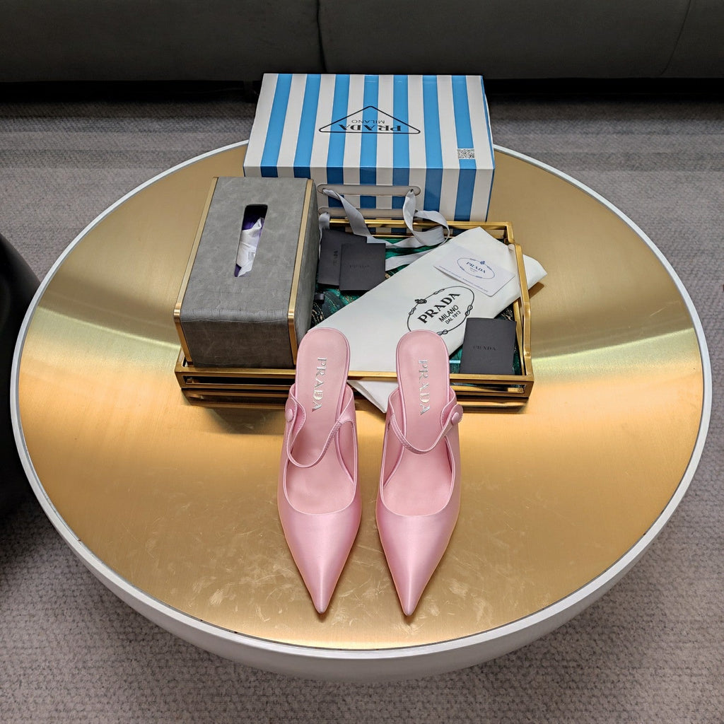 PRADA 26S HIGH-HEELED MULES 85MM IN LIGHT PINK SATIN