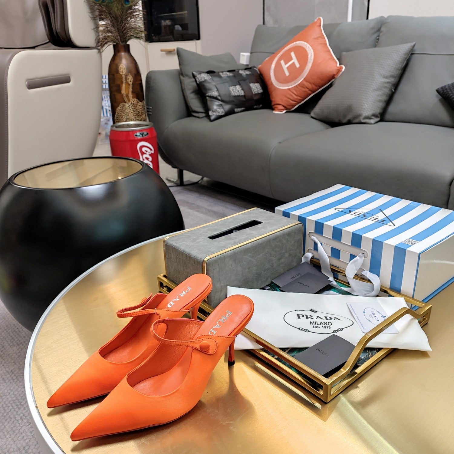 PRADA 26S HIGH-HEELED MULES 85MM IN ORANGE SATIN