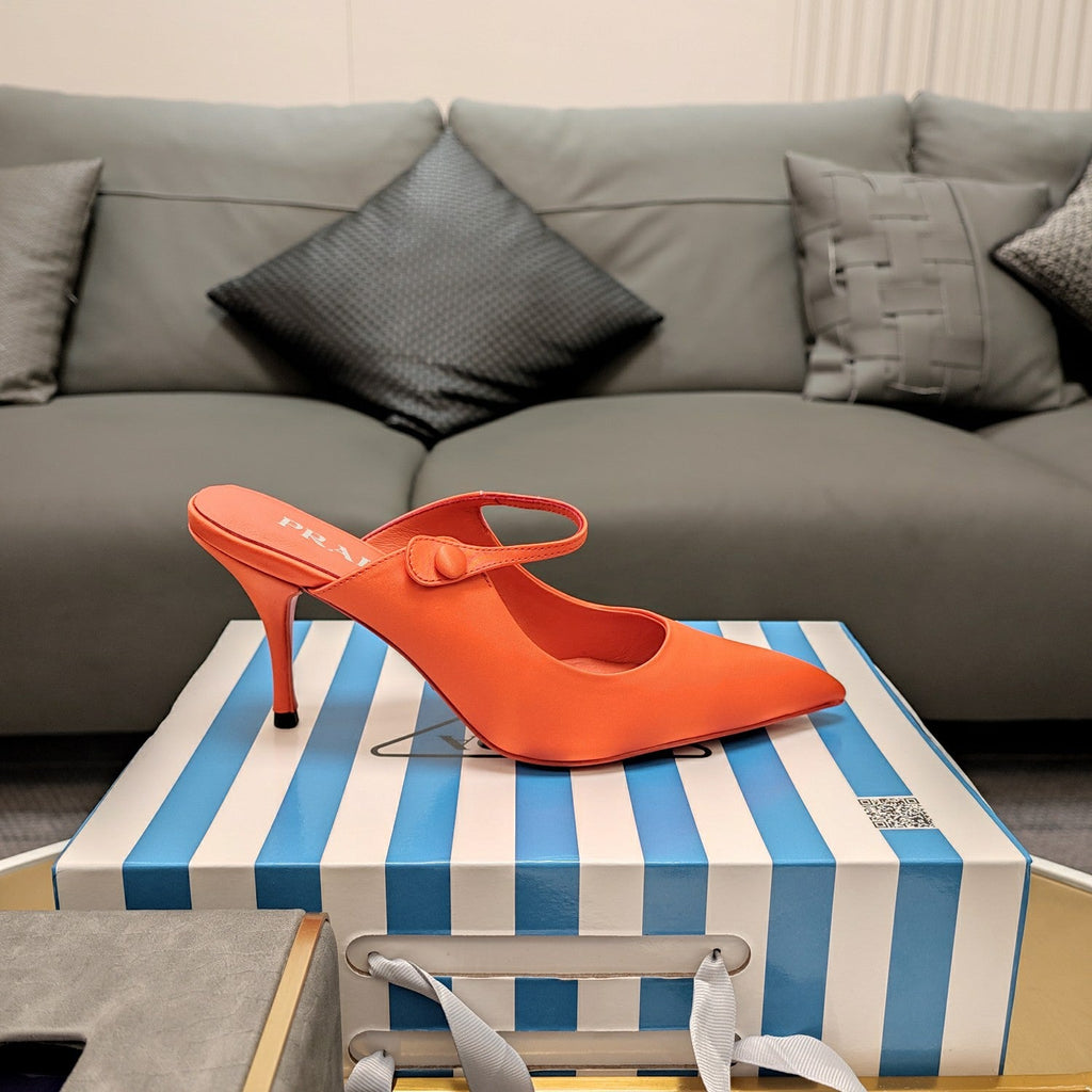 PRADA 26S HIGH-HEELED MULES 85MM IN ORANGE SATIN