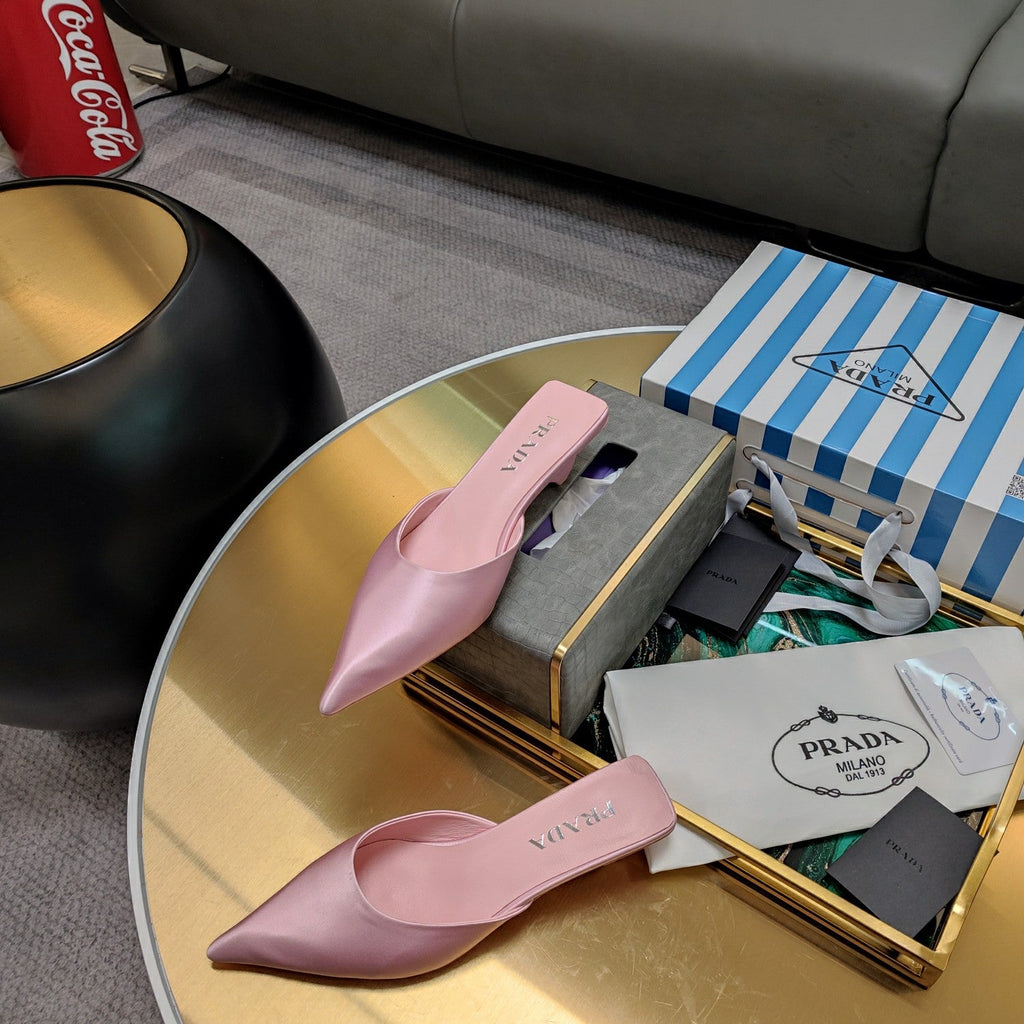 PRADA 26S POINTED TOE MULES 40MM IN LIGHT PINK SATIN