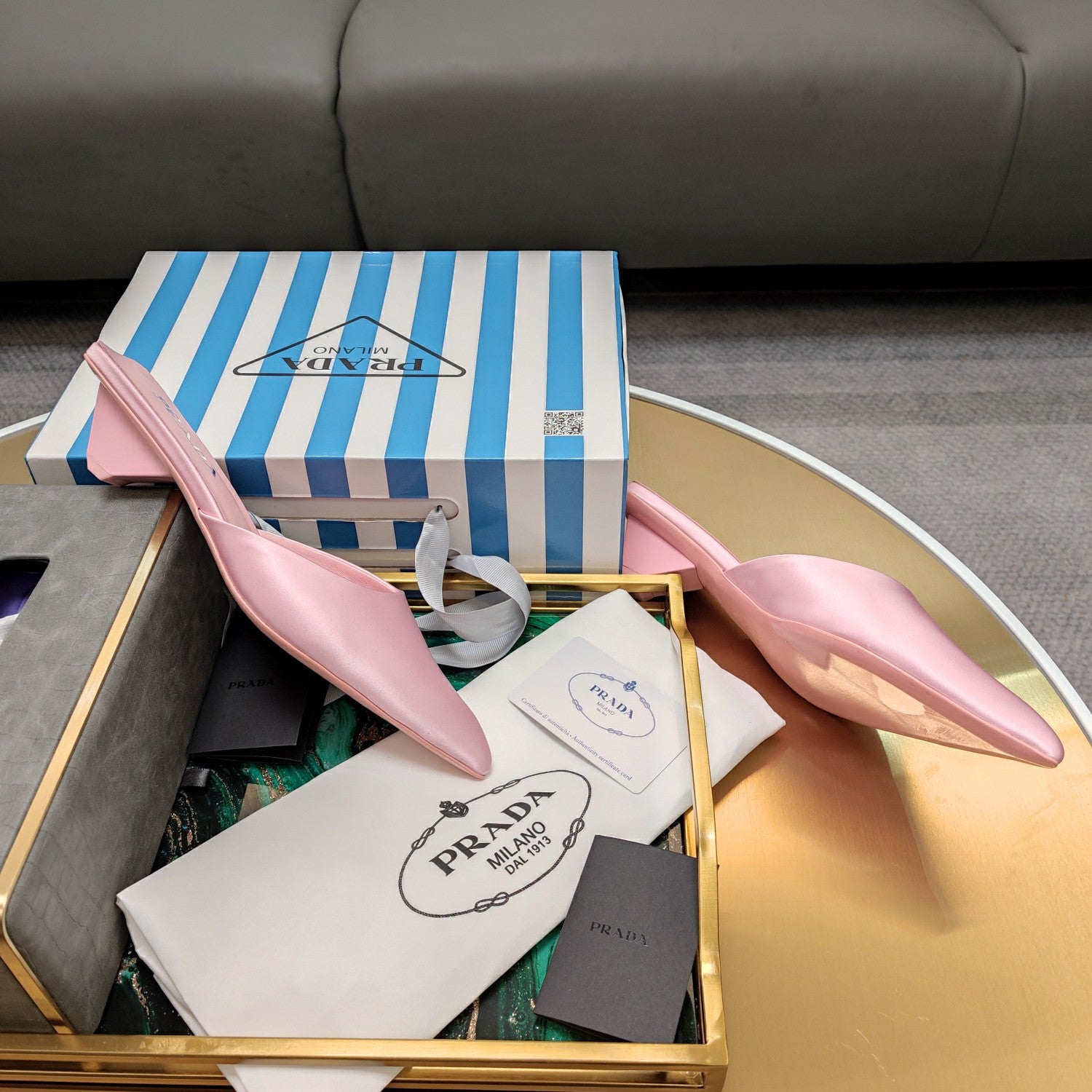 PRADA 26S POINTED TOE MULES 40MM IN LIGHT PINK SATIN