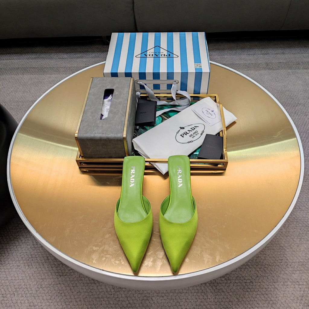 PRADA 26S POINTED TOE MULES 40MM IN GREEN SATIN
