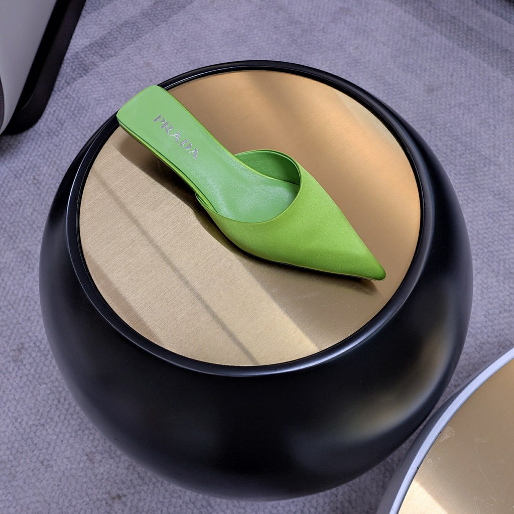 PRADA 26S POINTED TOE MULES 40MM IN GREEN SATIN