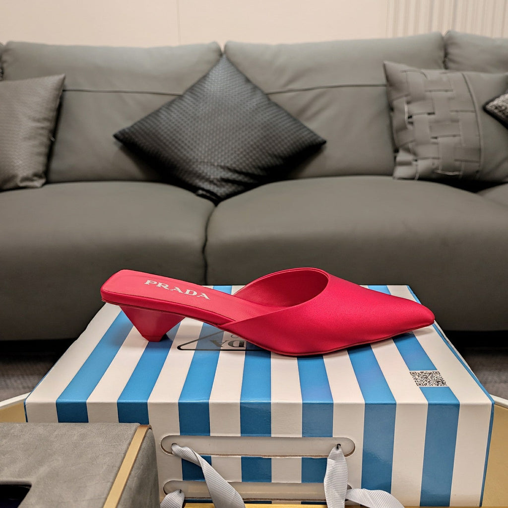 PRADA 26S POINTED TOE MULES 40MM IN DARK RED SATIN