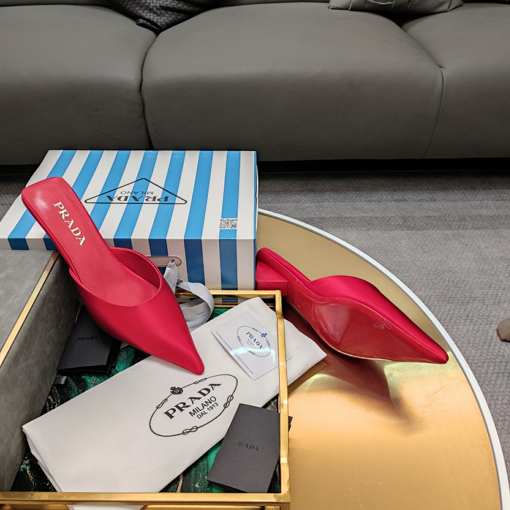PRADA 26S POINTED TOE MULES 40MM IN DARK RED SATIN
