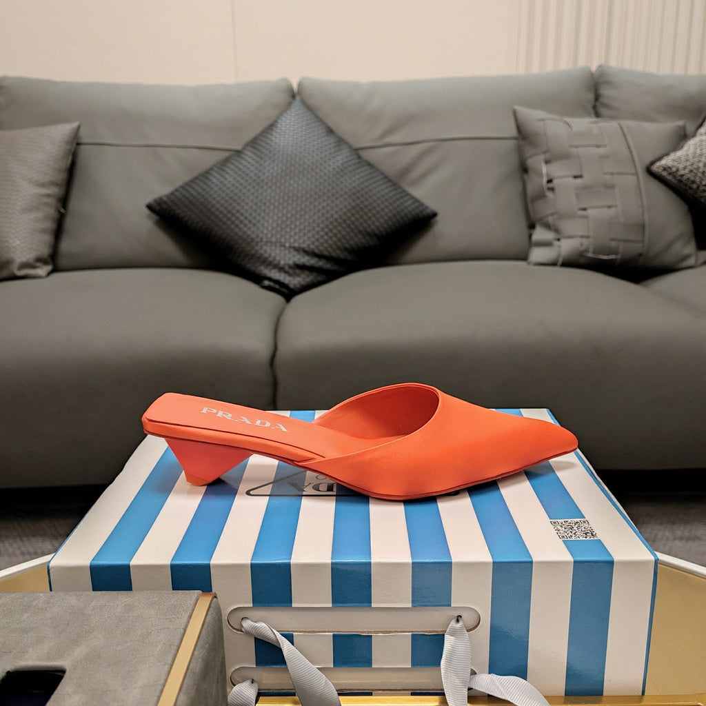 PRADA 26S POINTED TOE MULES 40MM IN ORANGE SATIN