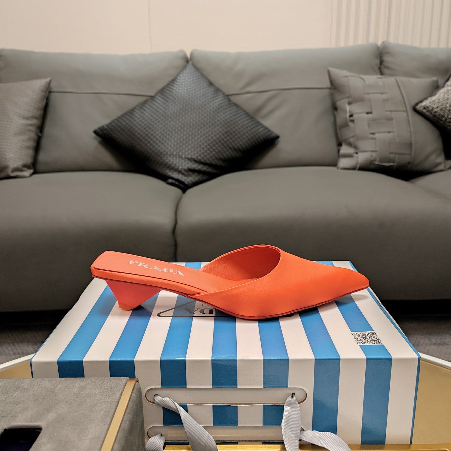 PRADA 26S POINTED TOE MULES 40MM IN ORANGE SATIN