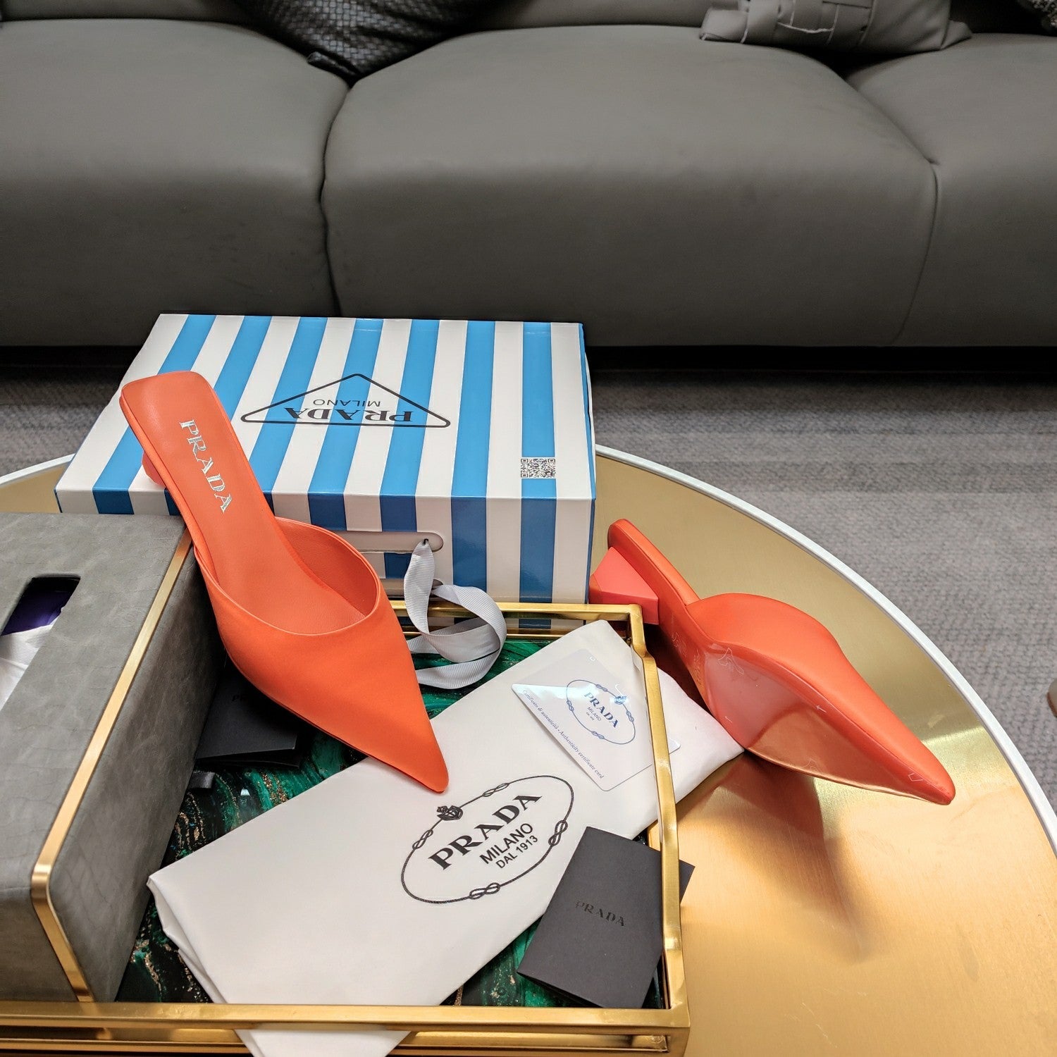 PRADA 26S POINTED TOE MULES 40MM IN ORANGE SATIN
