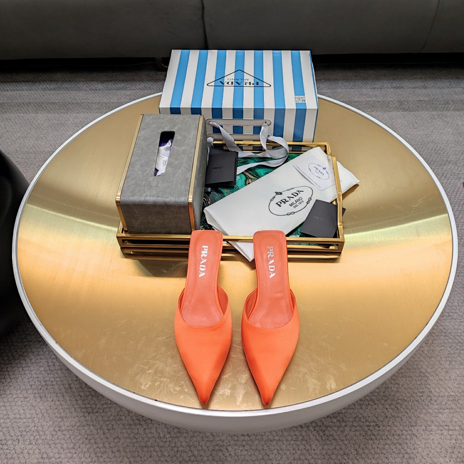 PRADA 26S POINTED TOE MULES 40MM IN ORANGE SATIN