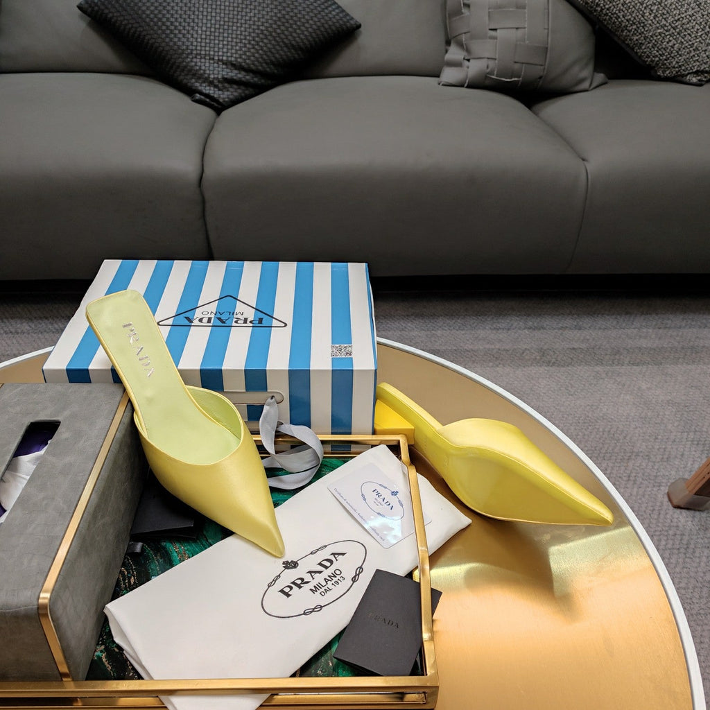 PRADA 26S POINTED TOE MULES 40MM IN LIME YELLOW SATIN