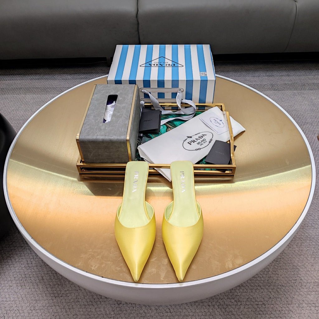 PRADA 26S POINTED TOE MULES 40MM IN LIME YELLOW SATIN